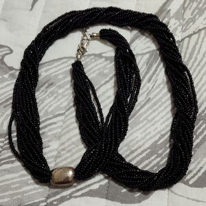 Retired Silpada 32" Black Bead Necklace w/Hammered Sterling Silver Ornament
